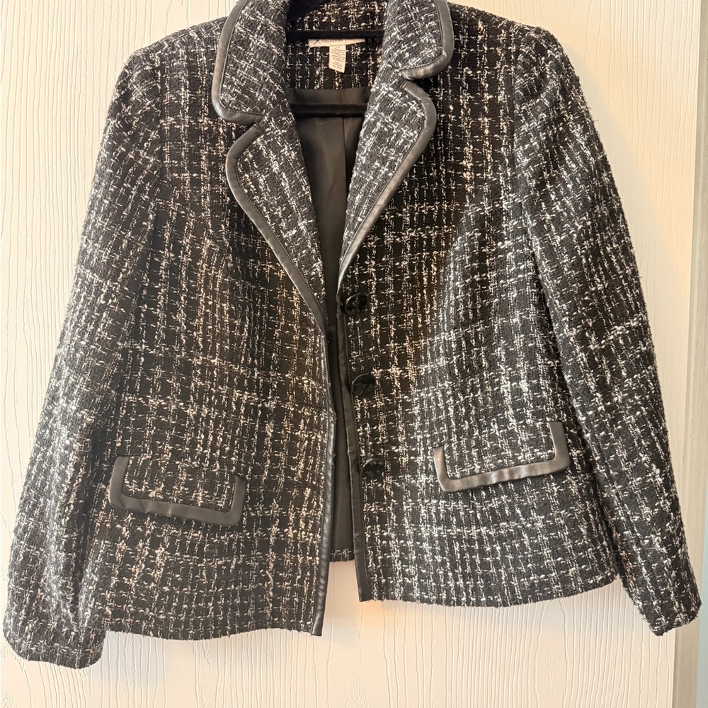 JM Collection Black and White Tweed Jacket with Leather Trim